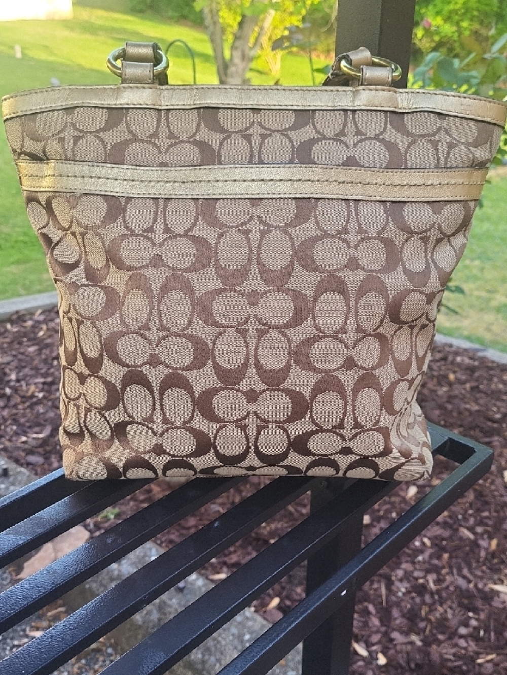 Coach Monogram Tote in Brown and Tan with Gold Hardware - Picture 4 of 13